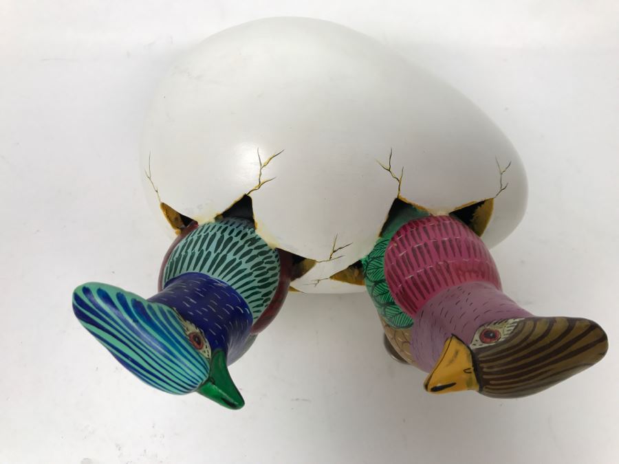 Large Hand Painted Pair Of Birds Hatching From Egg Figurine From Mexico Signed S. Chavez [Photo 5]