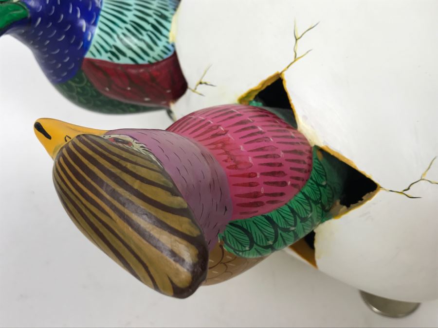 Large Hand Painted Pair Of Birds Hatching From Egg Figurine From Mexico Signed S. Chavez [Photo 8]