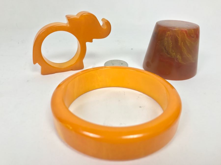 Bakelite Lot With Bangle Bracelet And Figural Elephant Napkin Ring Holder