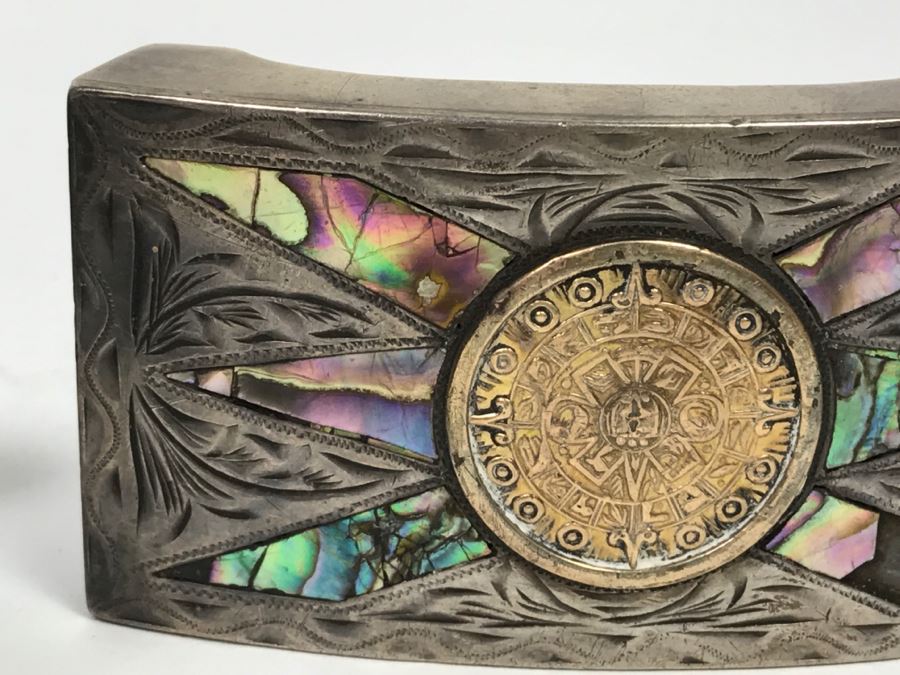 Pair Of Vintage Korean Spurs And Sterling Silver Mother Of Pearl Inlay Belt Buckle Made In Mexico 52g Sterling Silver [Photo 5]