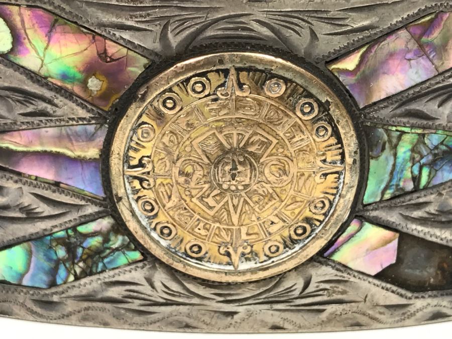 Pair Of Vintage Korean Spurs And Sterling Silver Mother Of Pearl Inlay Belt Buckle Made In Mexico 52g Sterling Silver [Photo 3]