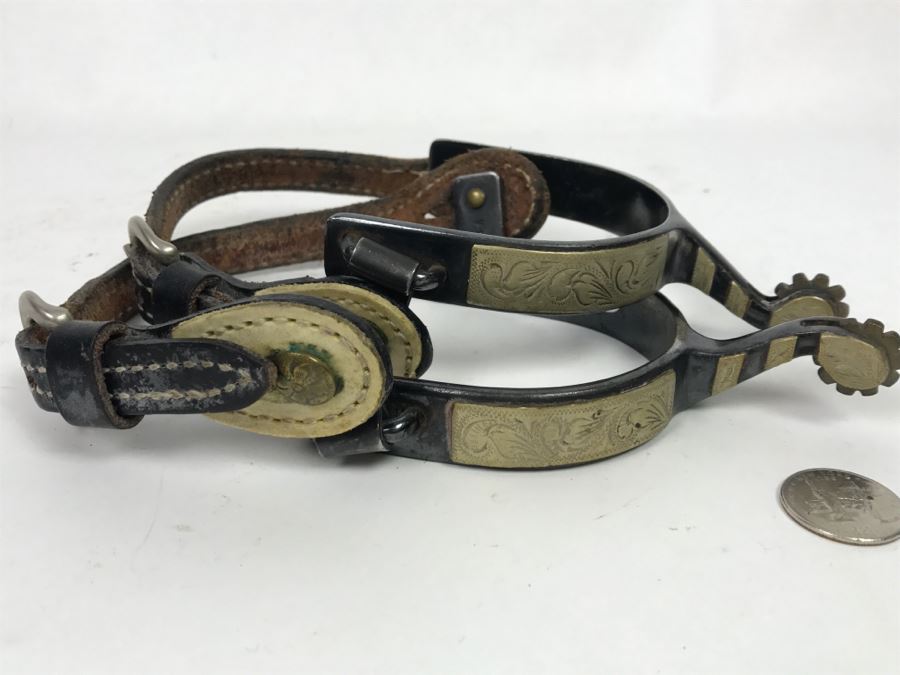 Pair Of Vintage Korean Spurs And Sterling Silver Mother Of Pearl Inlay Belt Buckle Made In Mexico 52g Sterling Silver [Photo 7]