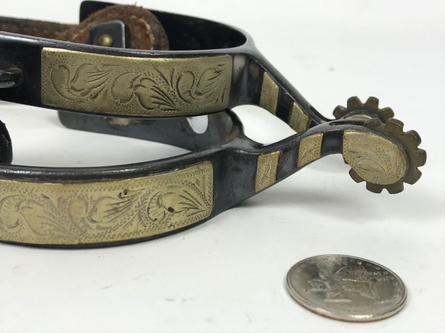 Pair Of Vintage Korean Spurs And Sterling Silver Mother Of Pearl Inlay Belt Buckle Made In Mexico 52g Sterling Silver [Photo 9]