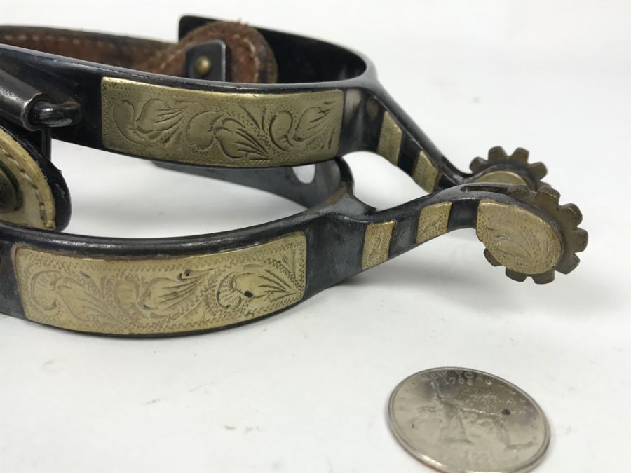 Pair Of Vintage Korean Spurs And Sterling Silver Mother Of Pearl Inlay Belt Buckle Made In Mexico 52g Sterling Silver [Photo 8]