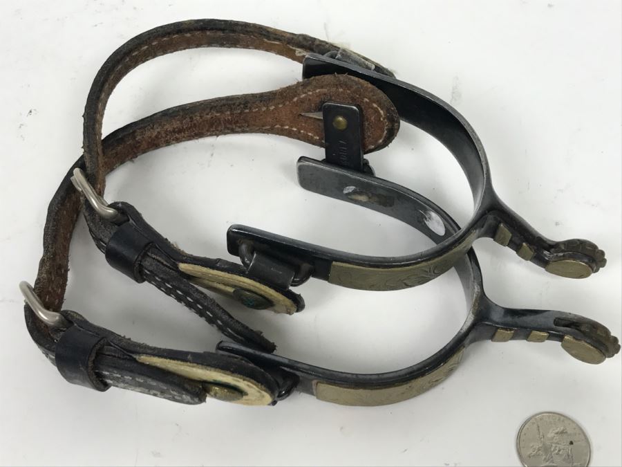 Pair Of Vintage Korean Spurs And Sterling Silver Mother Of Pearl Inlay Belt Buckle Made In Mexico 52g Sterling Silver [Photo 11]