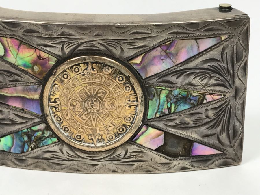 Pair Of Vintage Korean Spurs And Sterling Silver Mother Of Pearl Inlay Belt Buckle Made In Mexico 52g Sterling Silver [Photo 4]