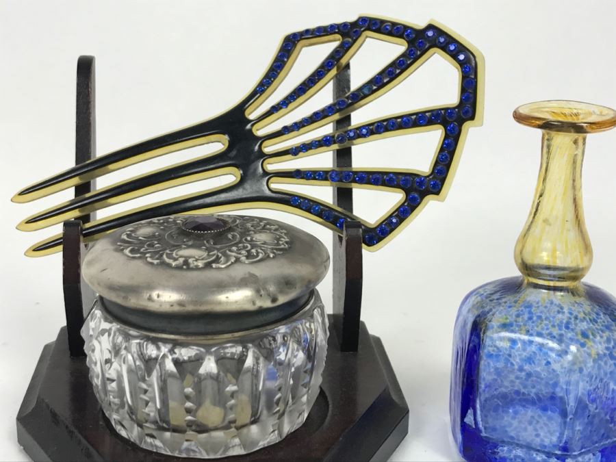 Trinket Box With Sterling Silver Lid (7g Sterling), Signed Perfume Bottle And Vintage Hair Comb - Does Not Include Stand [Photo 7]