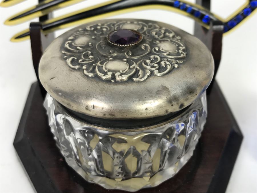 Trinket Box With Sterling Silver Lid (7g Sterling), Signed Perfume Bottle And Vintage Hair Comb - Does Not Include Stand [Photo 3]