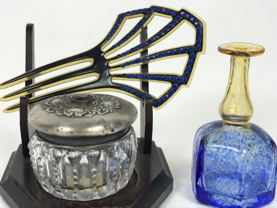 Trinket Box With Sterling Silver Lid (7g Sterling), Signed Perfume Bottle And Vintage Hair Comb - Does Not Include Stand [Photo 8]