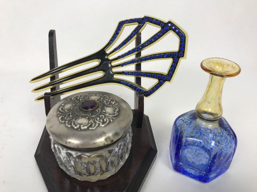 Trinket Box With Sterling Silver Lid (7g Sterling), Signed Perfume Bottle And Vintage Hair Comb - Does Not Include Stand [Photo 2]