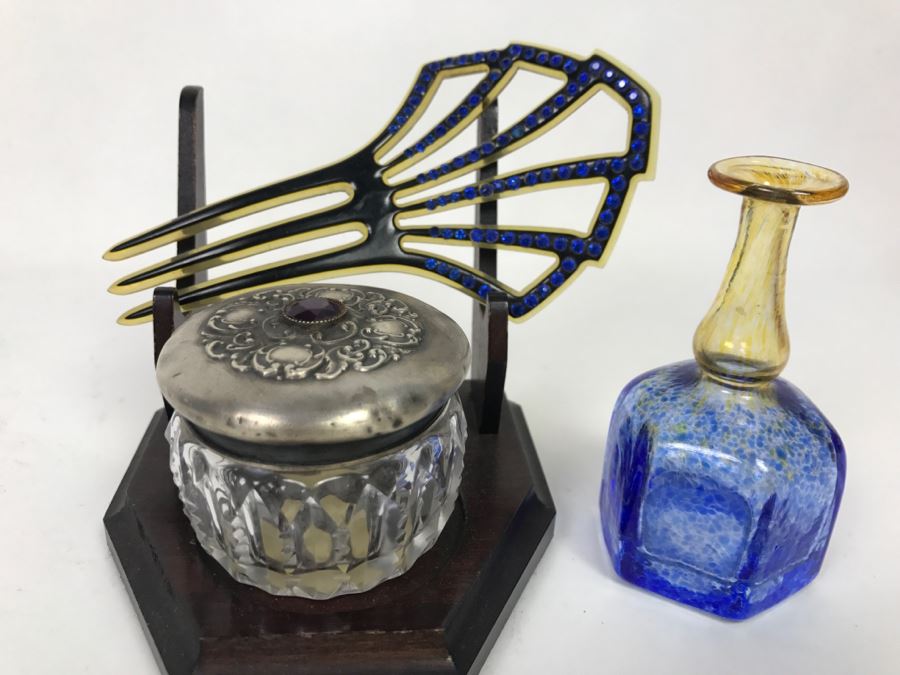 Trinket Box With Sterling Silver Lid (7g Sterling), Signed Perfume Bottle And Vintage Hair Comb - Does Not Include Stand [Photo 1]