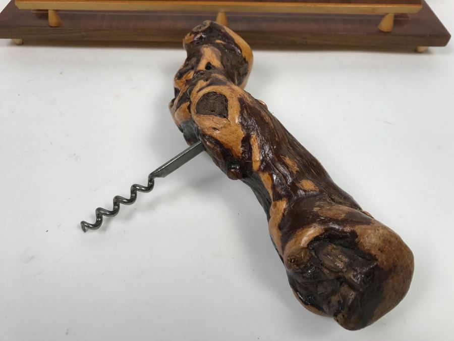 Vintage Geometric Wooden Inlay Footed Tray And Organic Wood Cork Screw [Photo 4]