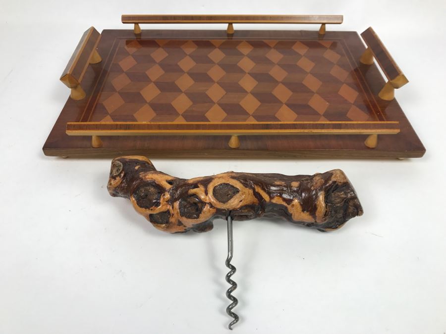 Vintage Geometric Wooden Inlay Footed Tray And Organic Wood Cork Screw