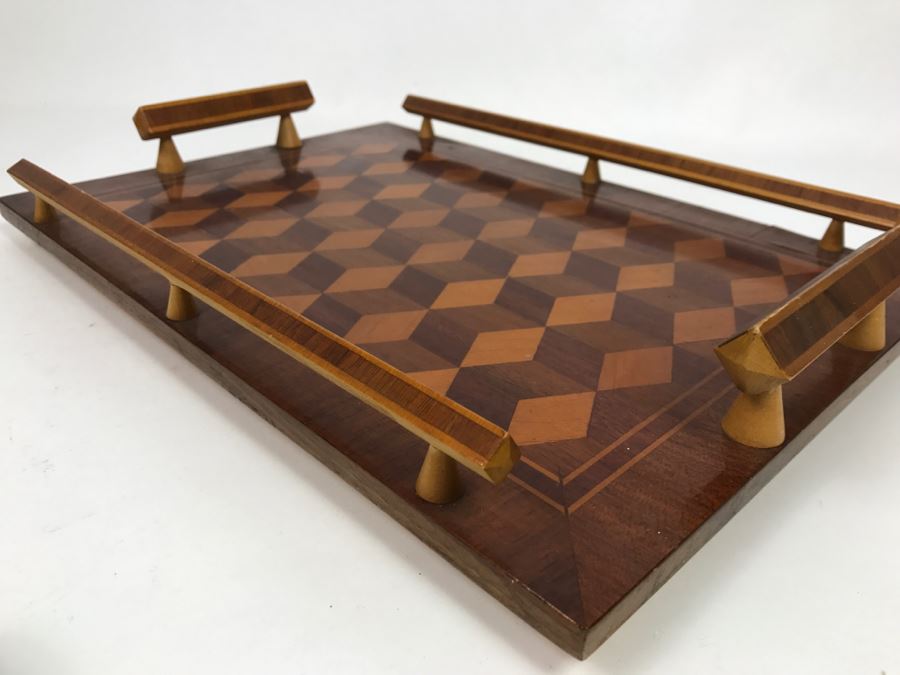 Vintage Geometric Wooden Inlay Footed Tray And Organic Wood Cork Screw [Photo 7]