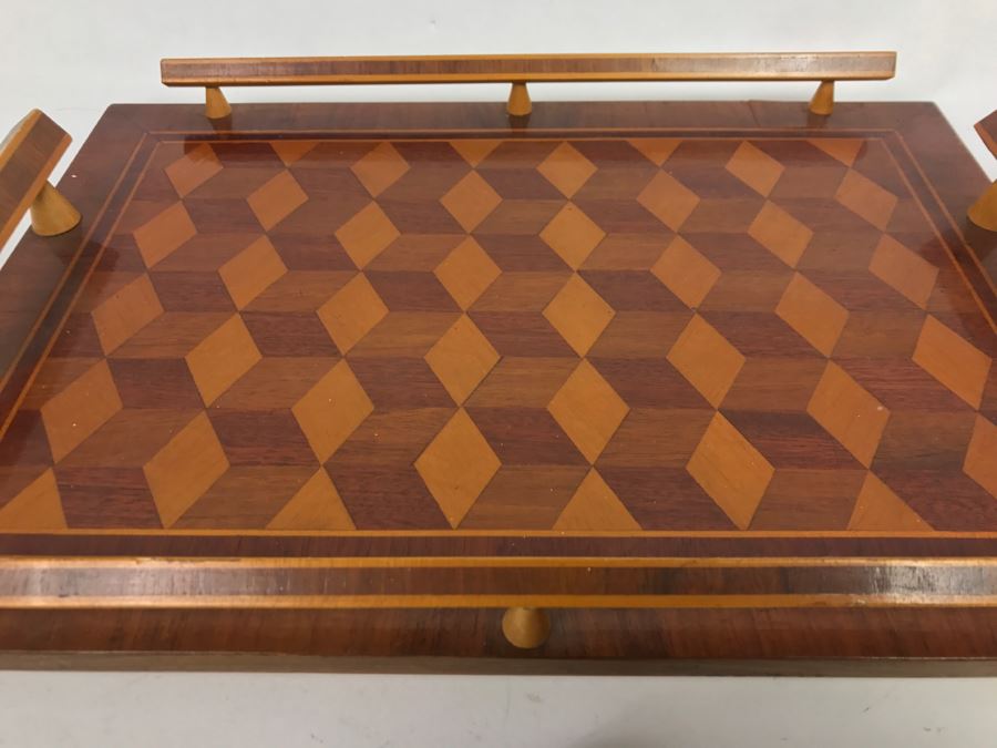 Vintage Geometric Wooden Inlay Footed Tray And Organic Wood Cork Screw [Photo 6]