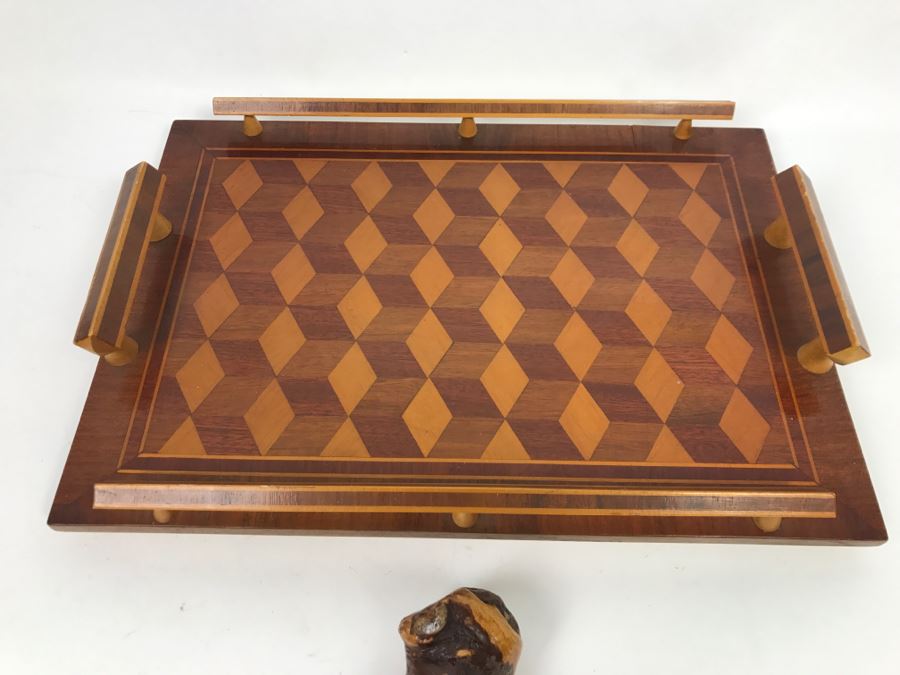 Vintage Geometric Wooden Inlay Footed Tray And Organic Wood Cork Screw [Photo 5]