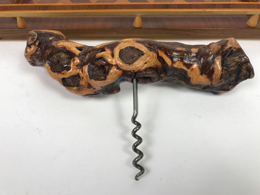 Vintage Geometric Wooden Inlay Footed Tray And Organic Wood Cork Screw [Photo 2]