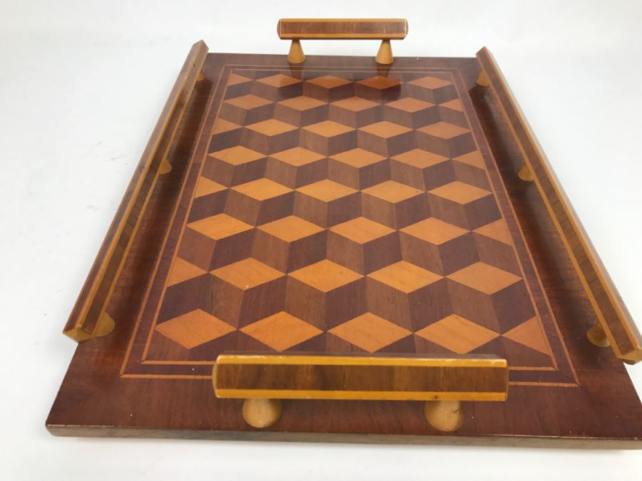 Vintage Geometric Wooden Inlay Footed Tray And Organic Wood Cork Screw [Photo 8]