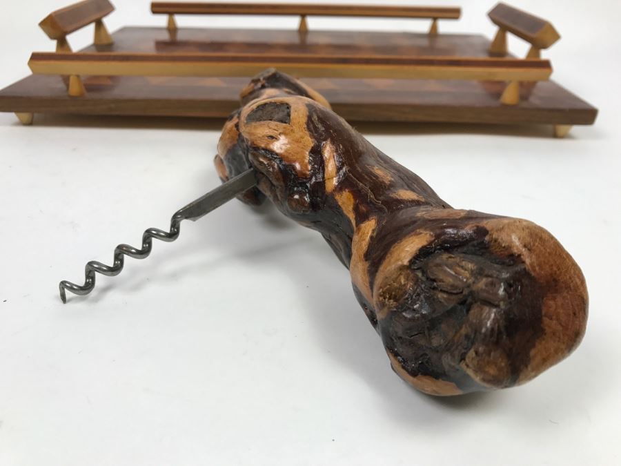 Vintage Geometric Wooden Inlay Footed Tray And Organic Wood Cork Screw [Photo 3]