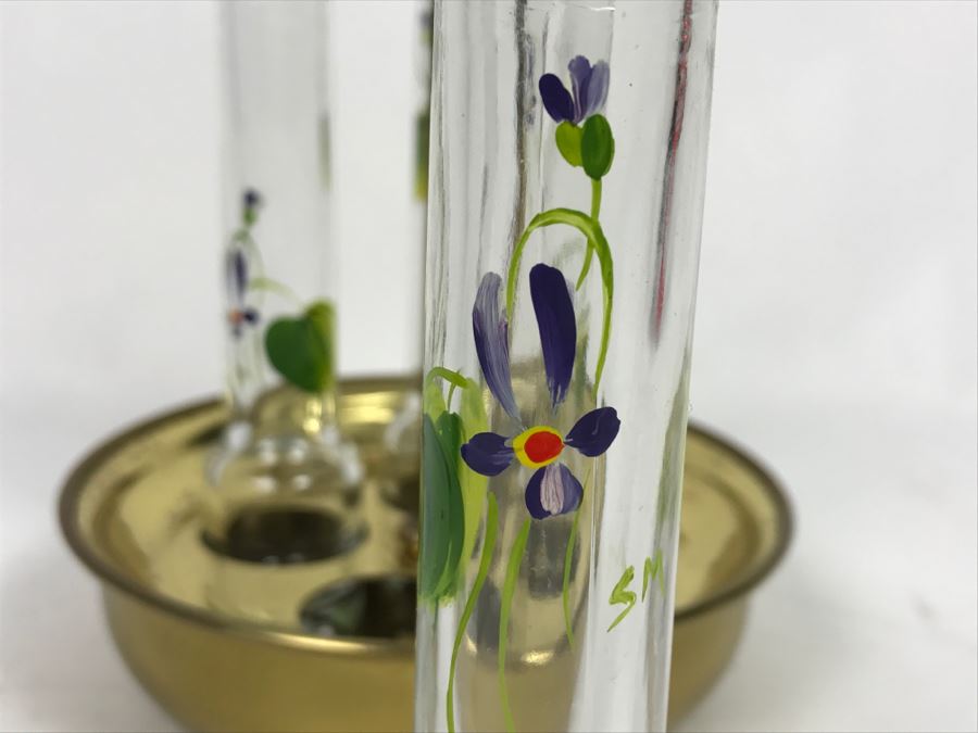 Vintage Hand Painted Glasses Floral Motif Signed SM With Brass Holder Carrier [Photo 5]