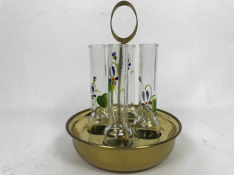 Vintage Hand Painted Glasses Floral Motif Signed SM With Brass Holder Carrier [Photo 2]