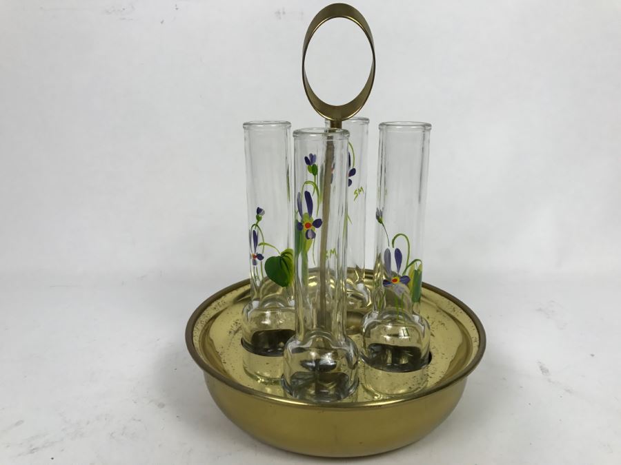 Vintage Hand Painted Glasses Floral Motif Signed SM With Brass Holder Carrier [Photo 1]