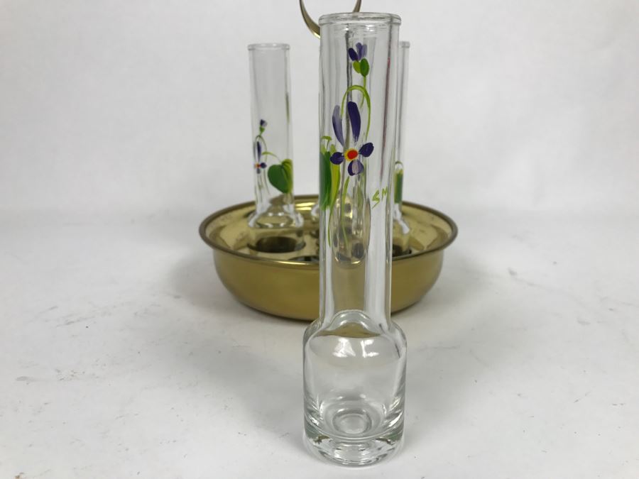 Vintage Hand Painted Glasses Floral Motif Signed SM With Brass Holder Carrier [Photo 4]