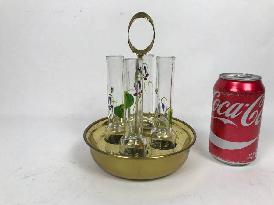 Vintage Hand Painted Glasses Floral Motif Signed SM With Brass Holder Carrier [Photo 7]