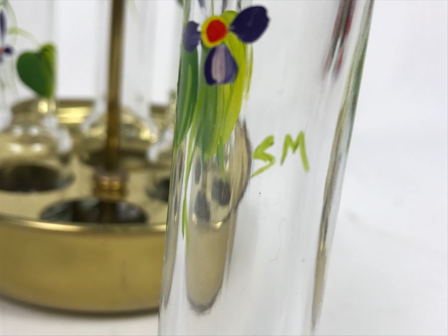 Vintage Hand Painted Glasses Floral Motif Signed SM With Brass Holder Carrier [Photo 6]
