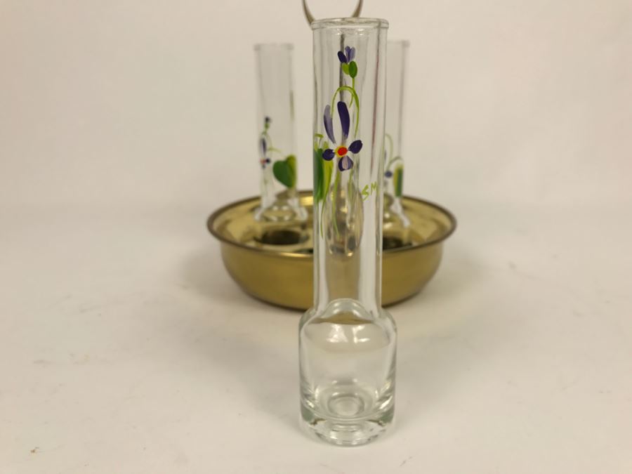 Vintage Hand Painted Glasses Floral Motif Signed SM With Brass Holder Carrier [Photo 3]