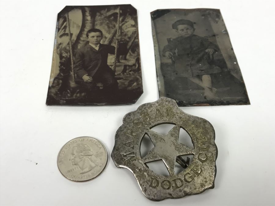 Vintage Marshal Dodge City Badge And Pair Of Old Tin Photos [Photo 1]