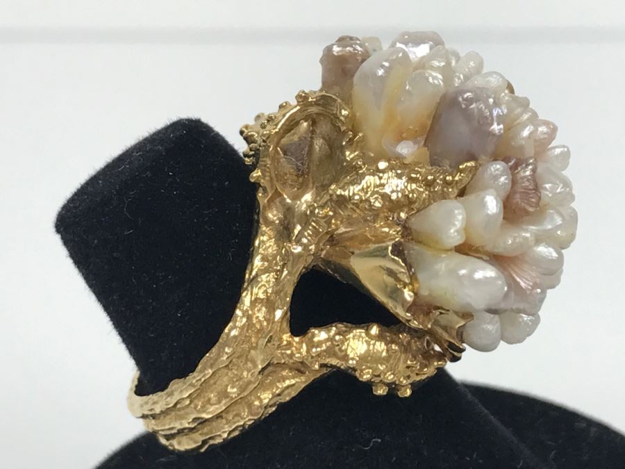 JUST ADDED - Stunning Chunky 14K Yellow Gold Seed Pearl Ring 18.3g FMV $900 [Photo 5]
