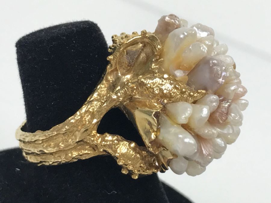 JUST ADDED - Stunning Chunky 14K Yellow Gold Seed Pearl Ring 18.3g FMV $900 [Photo 6]