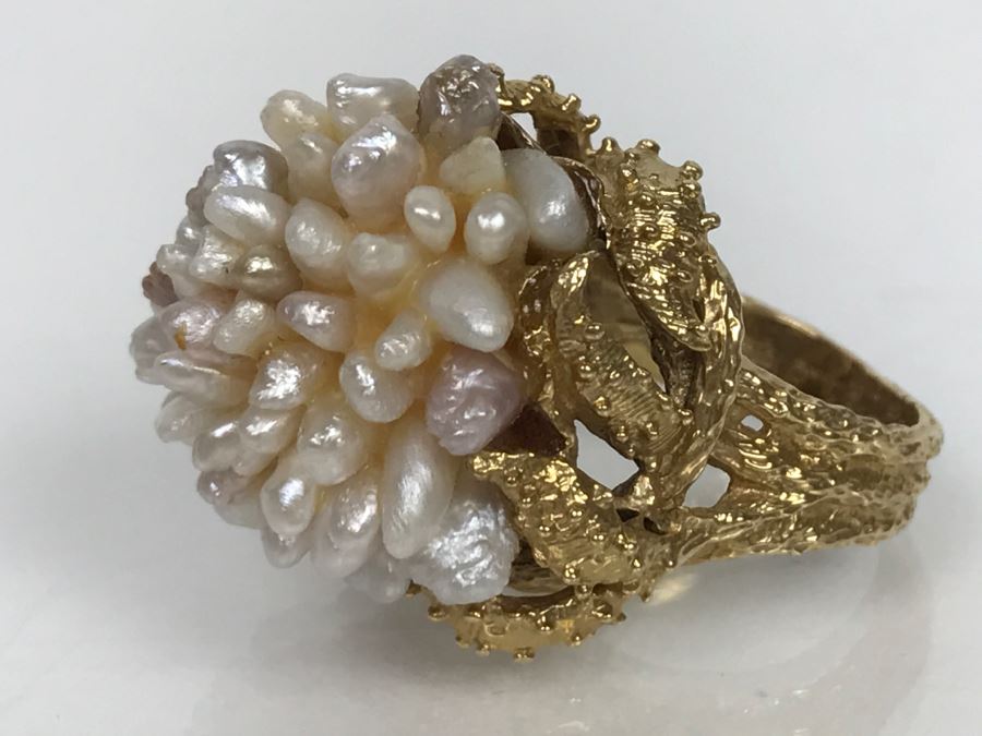 JUST ADDED - Stunning Chunky 14K Yellow Gold Seed Pearl Ring 18.3g FMV $900 [Photo 11]