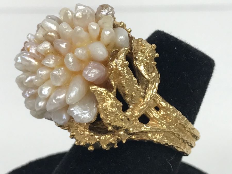 JUST ADDED - Stunning Chunky 14K Yellow Gold Seed Pearl Ring 18.3g FMV $900 [Photo 3]