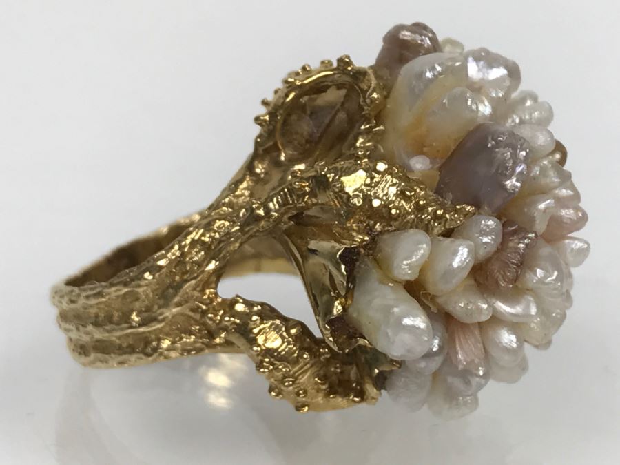 JUST ADDED - Stunning Chunky 14K Yellow Gold Seed Pearl Ring 18.3g FMV $900 [Photo 12]