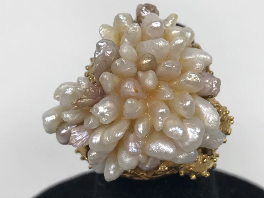 JUST ADDED - Stunning Chunky 14K Yellow Gold Seed Pearl Ring 18.3g FMV $900 [Photo 4]