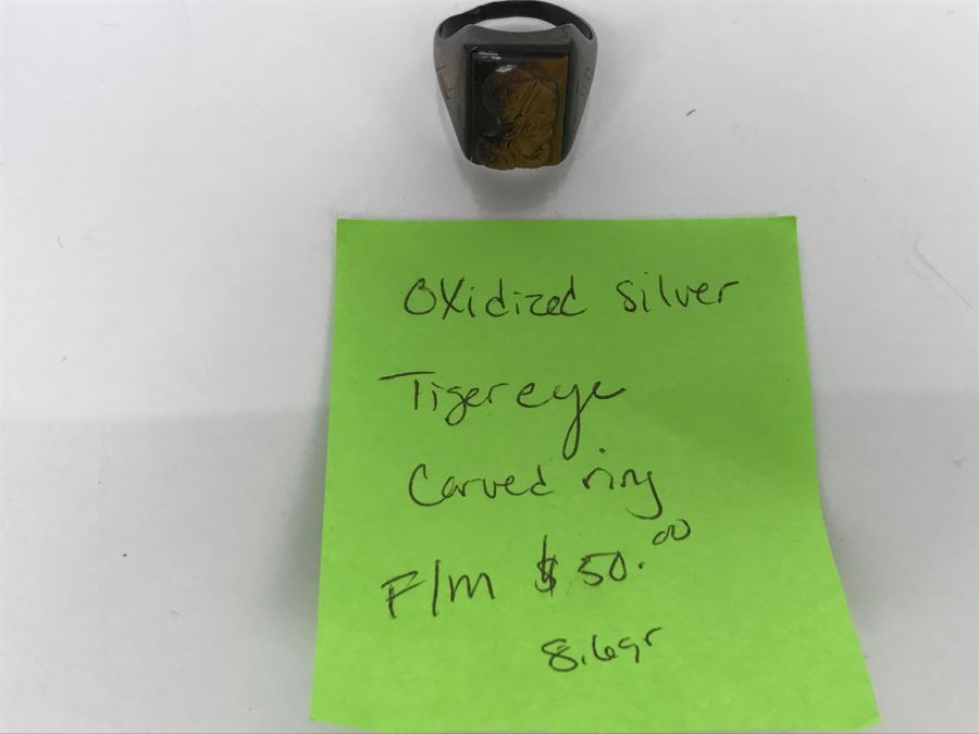 JUST ADDED - Oxidized Silver Tiger's Eye Carved Ring 8.6g FMV $50 [Photo 13]