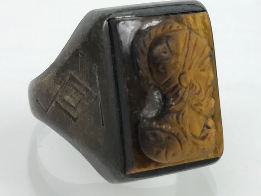 JUST ADDED - Oxidized Silver Tiger's Eye Carved Ring 8.6g FMV $50 [Photo 8]