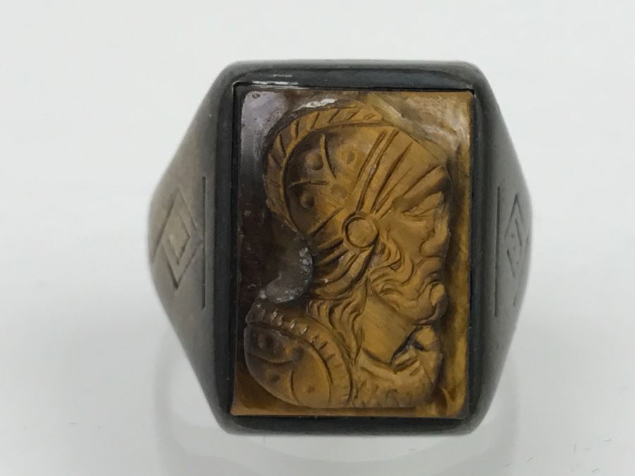 JUST ADDED - Oxidized Silver Tiger's Eye Carved Ring 8.6g FMV $50 [Photo 6]