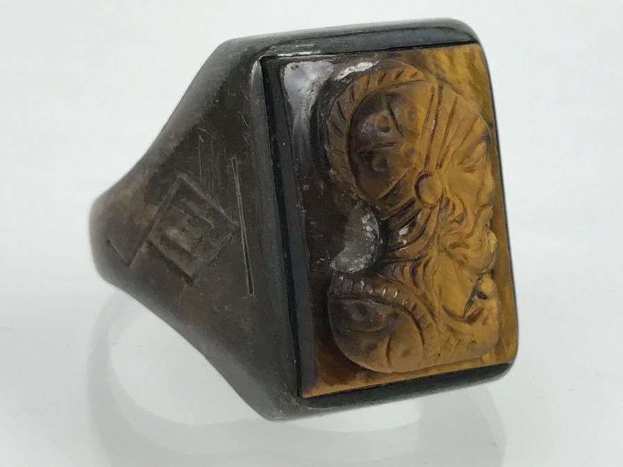 JUST ADDED - Oxidized Silver Tiger's Eye Carved Ring 8.6g FMV $50 [Photo 9]