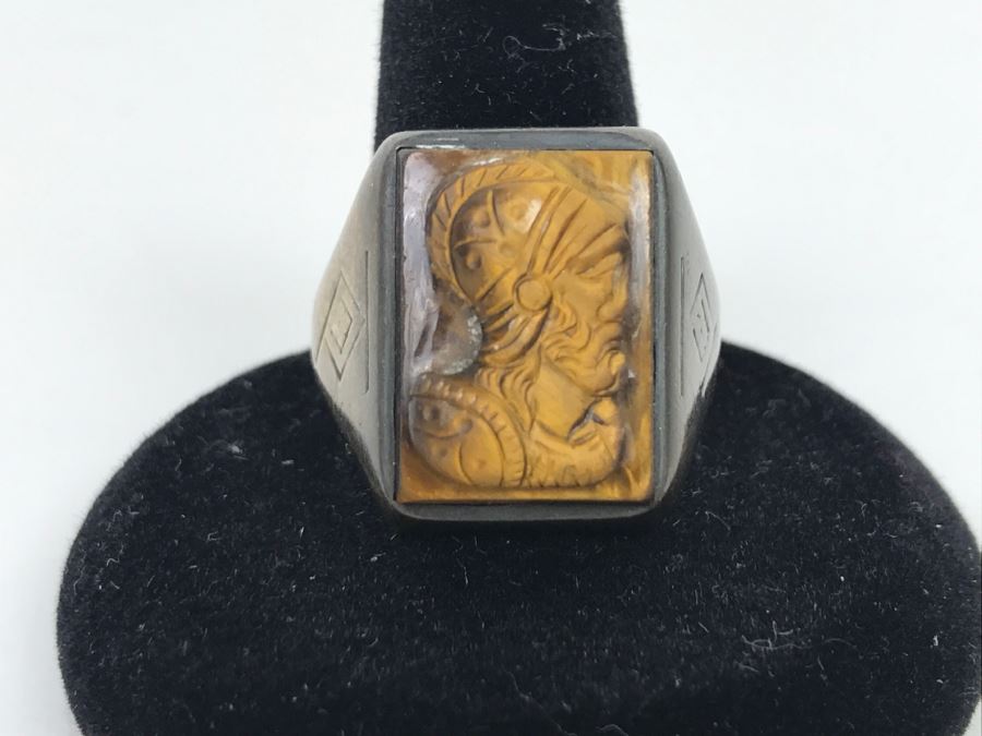 JUST ADDED - Oxidized Silver Tiger's Eye Carved Ring 8.6g FMV $50