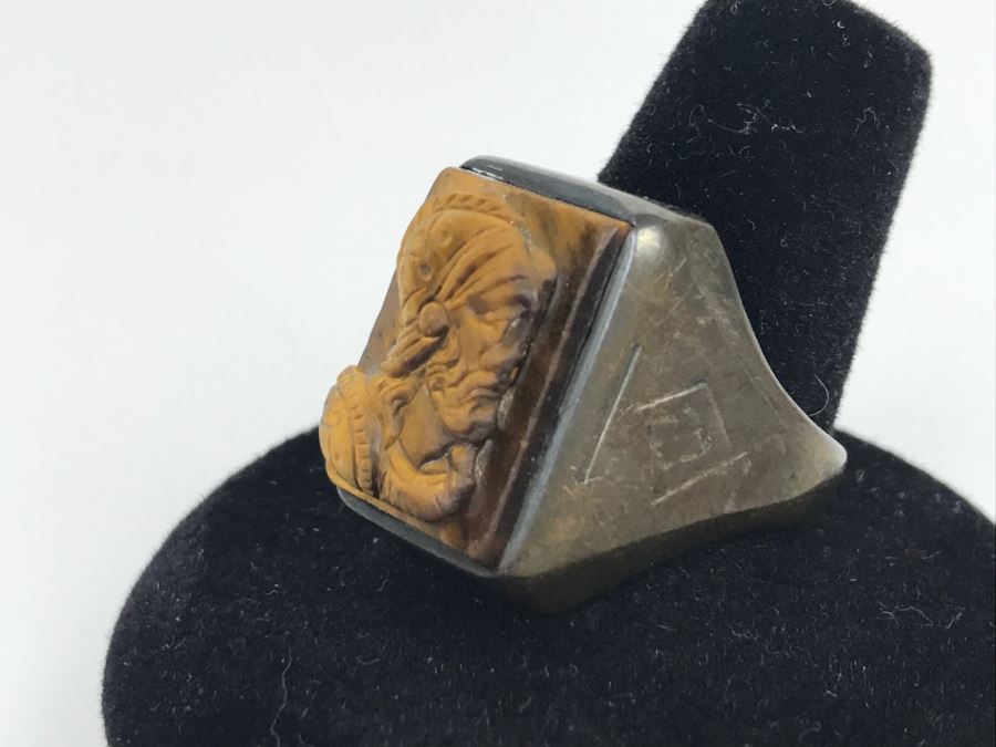 JUST ADDED - Oxidized Silver Tiger's Eye Carved Ring 8.6g FMV $50 [Photo 4]