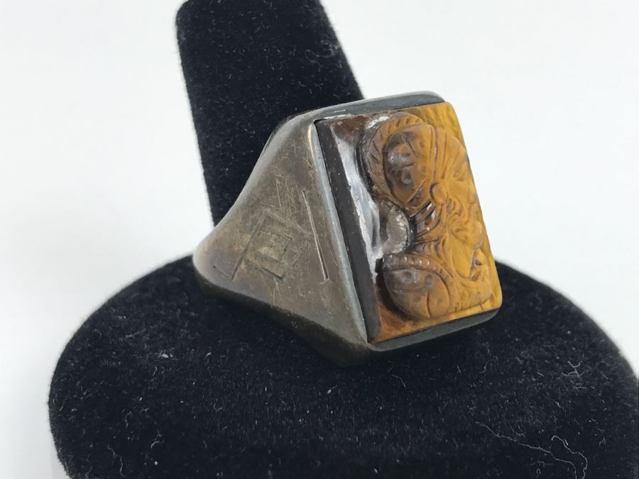 JUST ADDED - Oxidized Silver Tiger's Eye Carved Ring 8.6g FMV $50 [Photo 2]