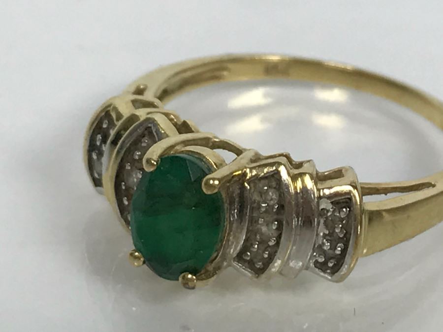 JUST ADDED - 14K Yellow Gold Emerald And Diamond Ring Commercial Quality 2.5g FMV $100 [Photo 8]