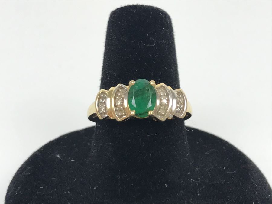 JUST ADDED - 14K Yellow Gold Emerald And Diamond Ring Commercial Quality 2.5g FMV $100