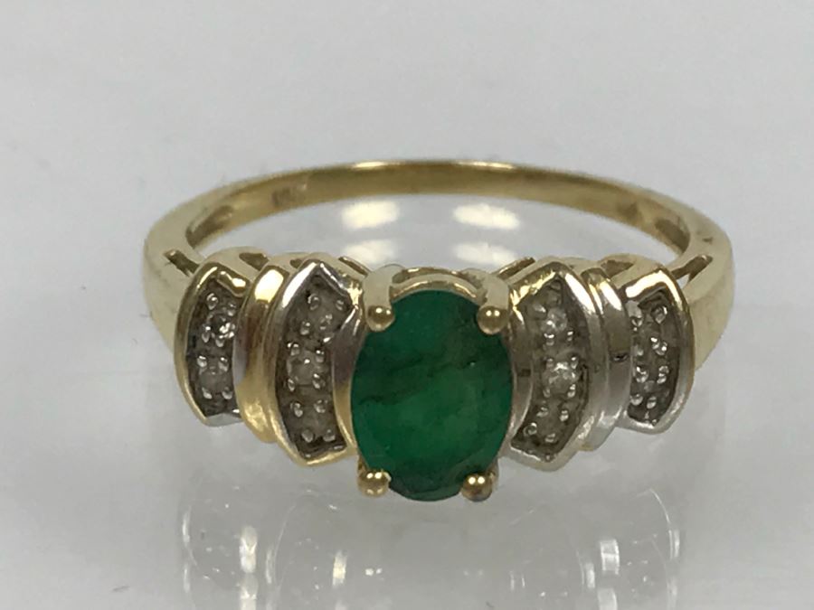 JUST ADDED - 14K Yellow Gold Emerald And Diamond Ring Commercial Quality 2.5g FMV $100 [Photo 5]