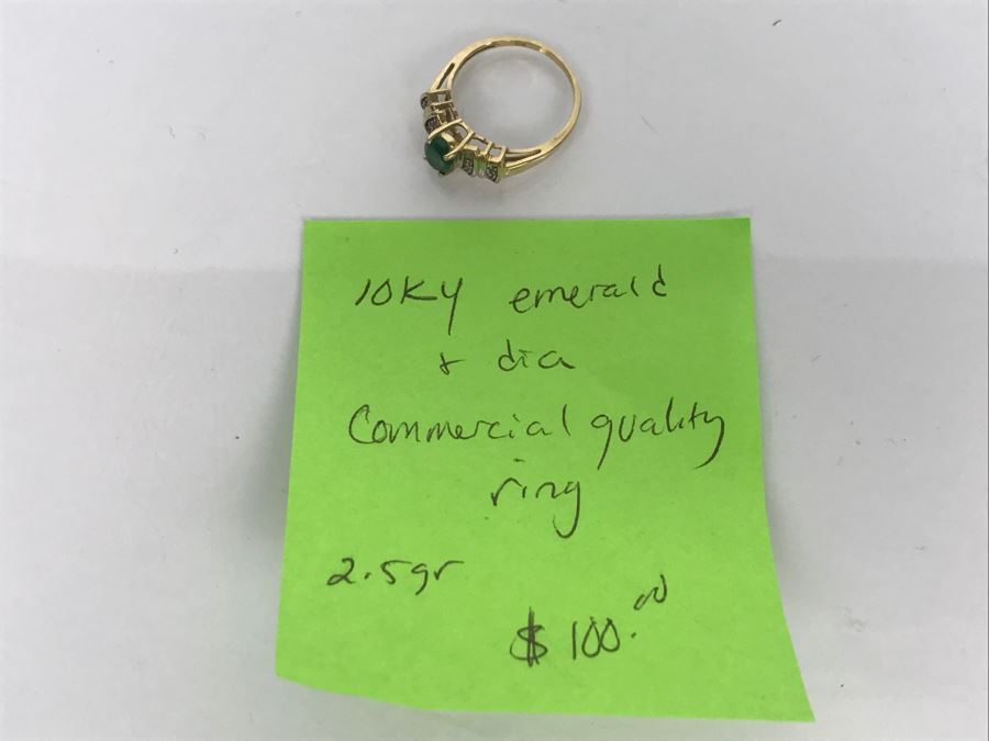 JUST ADDED - 14K Yellow Gold Emerald And Diamond Ring Commercial Quality 2.5g FMV $100 [Photo 10]