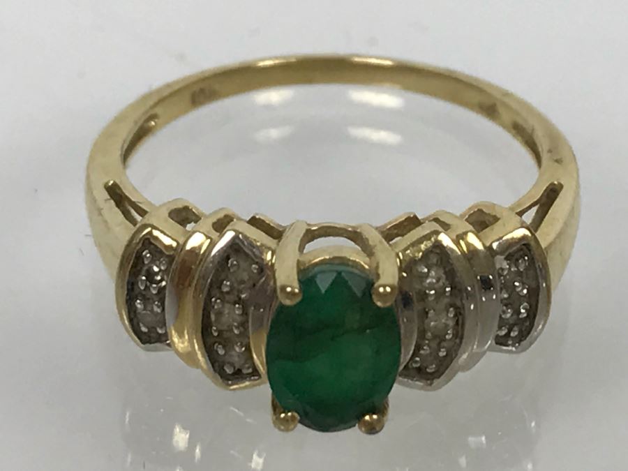JUST ADDED - 14K Yellow Gold Emerald And Diamond Ring Commercial Quality 2.5g FMV $100 [Photo 6]