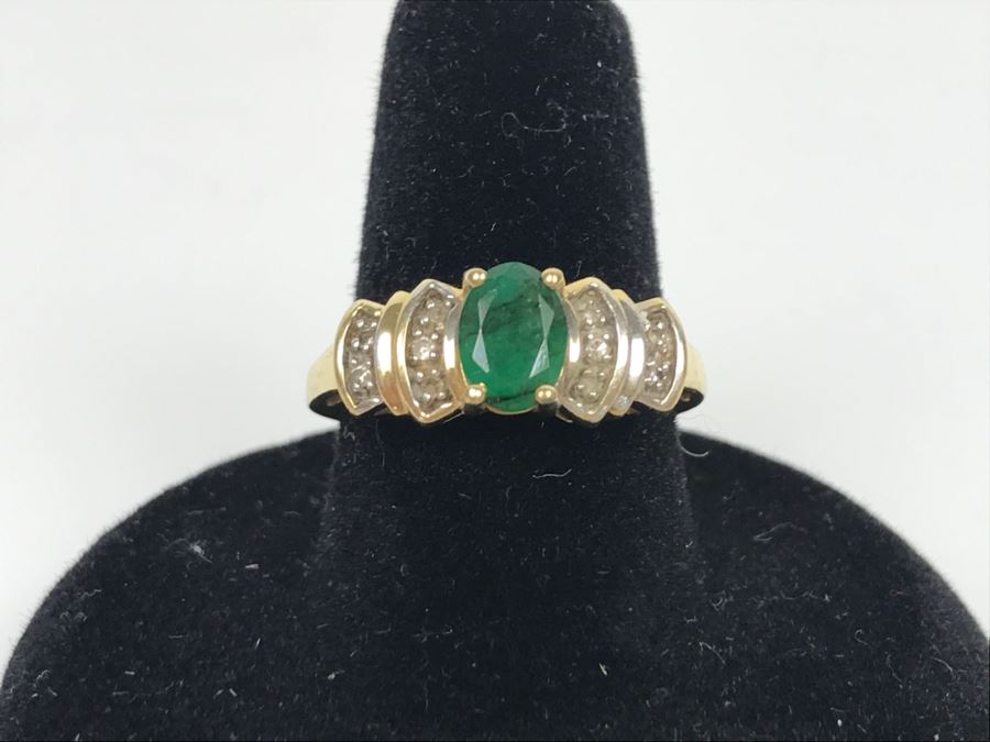 JUST ADDED - 14K Yellow Gold Emerald And Diamond Ring Commercial Quality 2.5g FMV $100 [Photo 2]